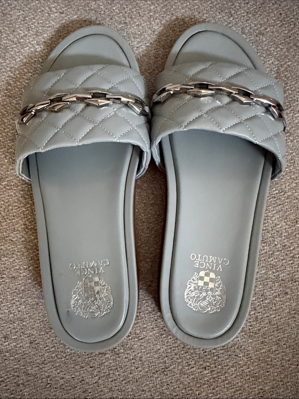 Vince Camuto Quilted Slide Sandals in Light Gray with Silver Chain